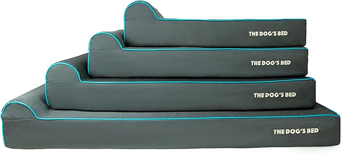 The Dog’s Bed Orthopedic Memory Foam Dog Bed with Headrest, Calming Surface – CertiPUR-Certified Foam, Oxford Fabric, Grey with Blue Trim, XL, 6-Inch