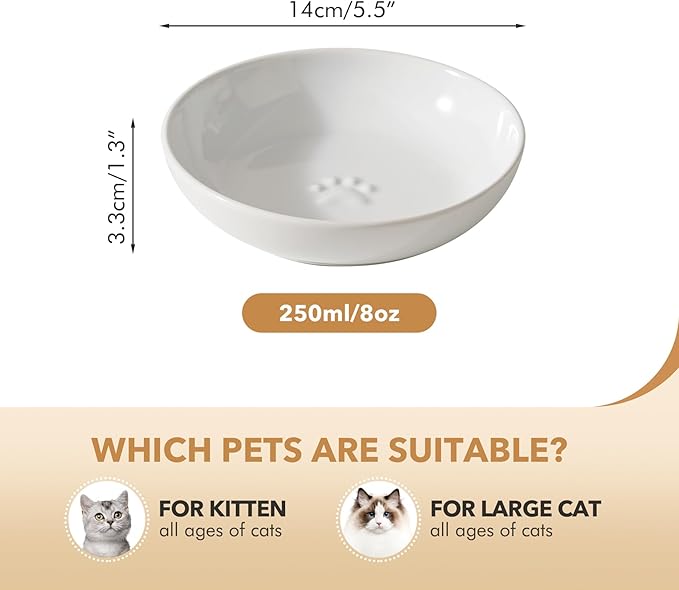 Havniva Ceramic Wide Whisker Friendly Cat Dishes, Set of 3 Ceramic Cat Bowls with Paw Print, Anti-Slip Indoor Kitten Feeding Food& Water Dish to Prevent Whisker Fatigue(3 Pcs, White)