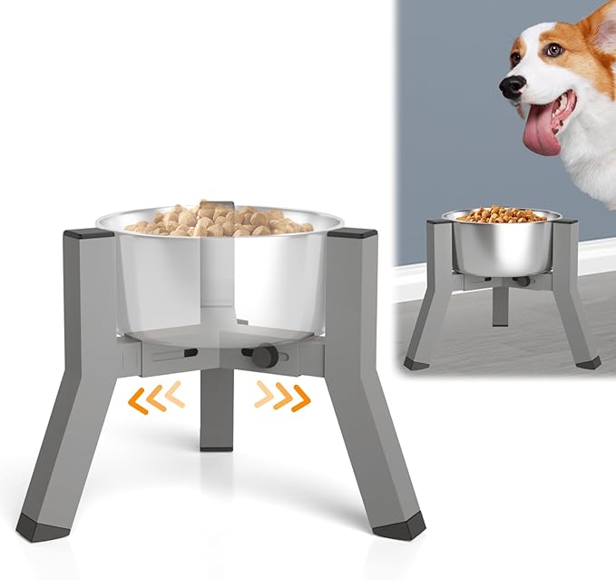 SHAINFUN Raised Dog Bowl Stand, Adjustable Width 5.2-8.66'', Eelevated Dog Food Water Bowls, 7.8'' Tall, Grey-Bowl Not Included