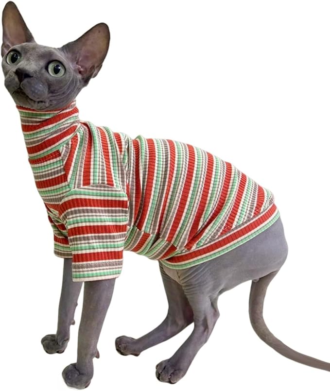 Turtle Neck Vintage Stripes Sphynx Hairless Cat Cotton T-Shirts Pet Clothes Vest Kitten Shirts Sleeveless, Cats & Small Dogs Apparel (Autumn, XL (9-12.5 lbs))