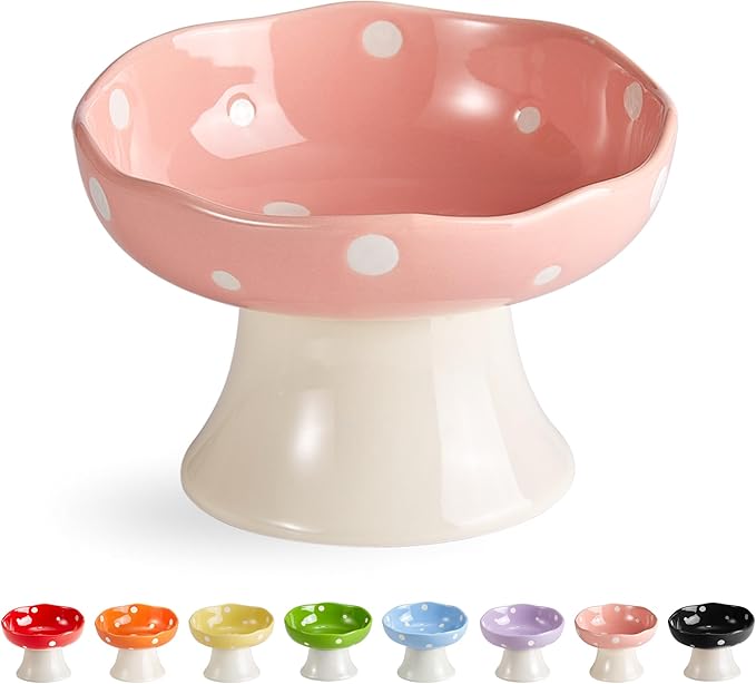 Ceramic Raised Cat Bowl, Mushroom Shaped Tilted Feeding Dish, Whisker Friendly Wide Design, Dishwasher Safe for Indoor Cats