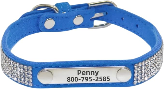 THAIN Rhinestones Personalized Dog Cat Collar Bling Diamond with Engraved Stainless Steel Nameplate for Small Medium Large Dogs (Royal Blue, XS)