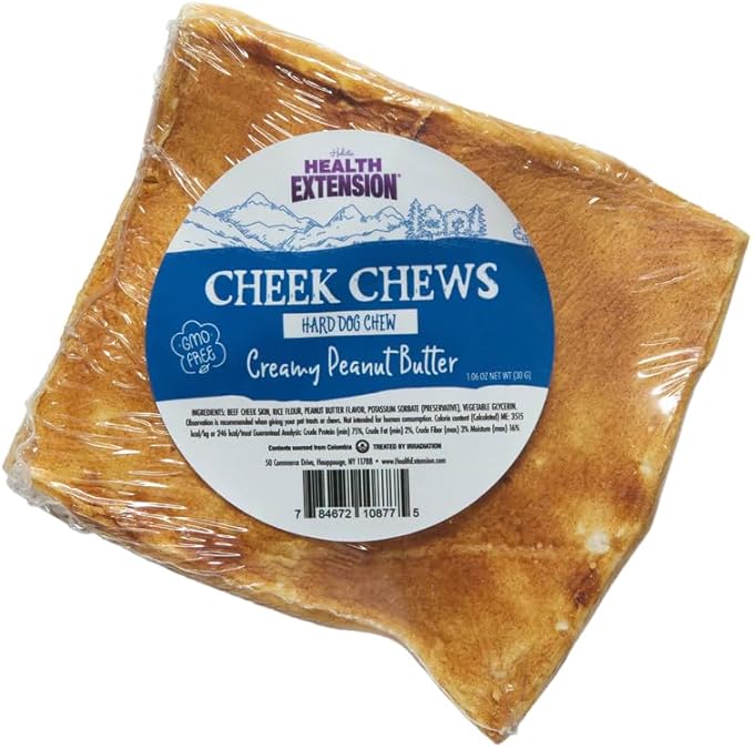 Health Extension Cheek Chews for Dogs – Non-GMO, Rawhide-Free Peanut Butter Flavor Training Treat, Durable for Aggressive Chewers, 4 Pack