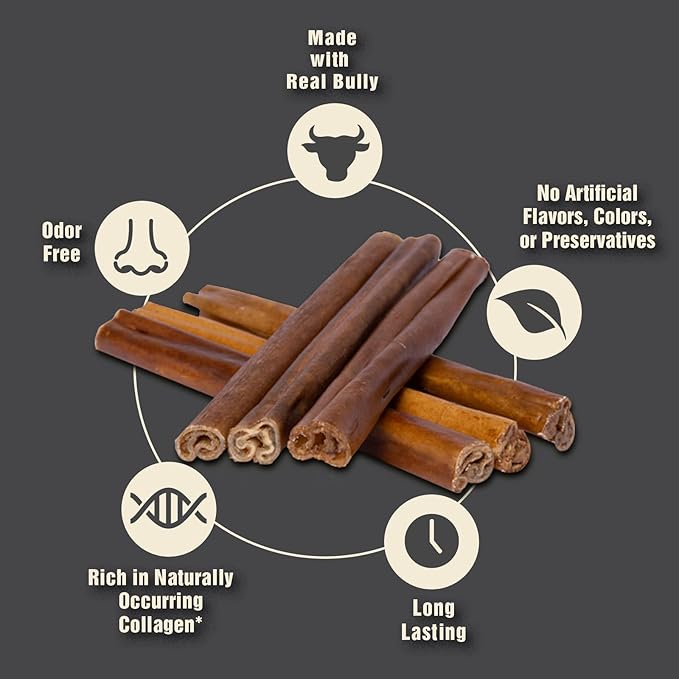 Canine Naturals | Natural Beef & Bully Sticks | 48 Count | Long-Lasting, Odor Free, High Protein Chews Made with 100% Real Bully | Bulk Carton Large Sticks