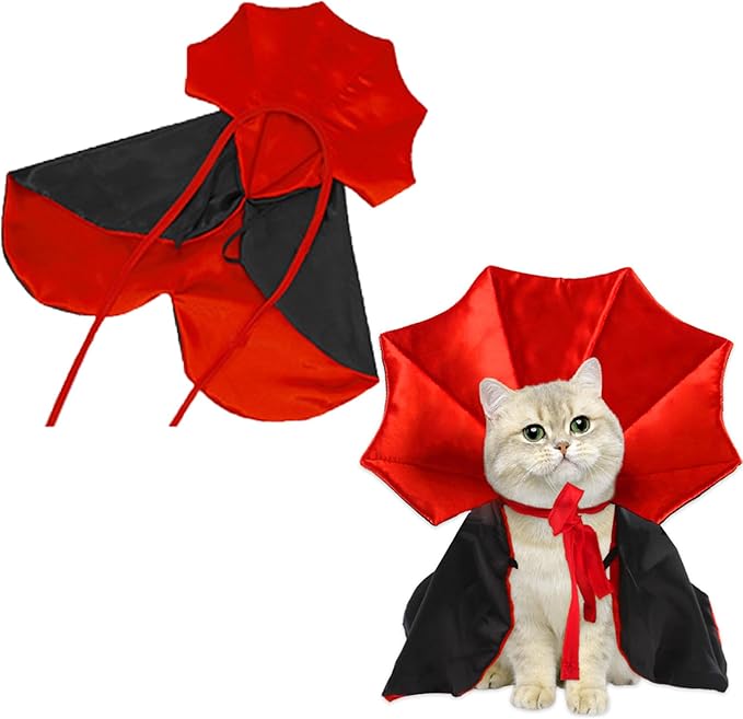 Qiansail Cat Cape Vampire Cloak Halloween Dog Costume Pet Cosplay Apparel Outfit Decor Accessories for Puppy Kitten (Black&Red)
