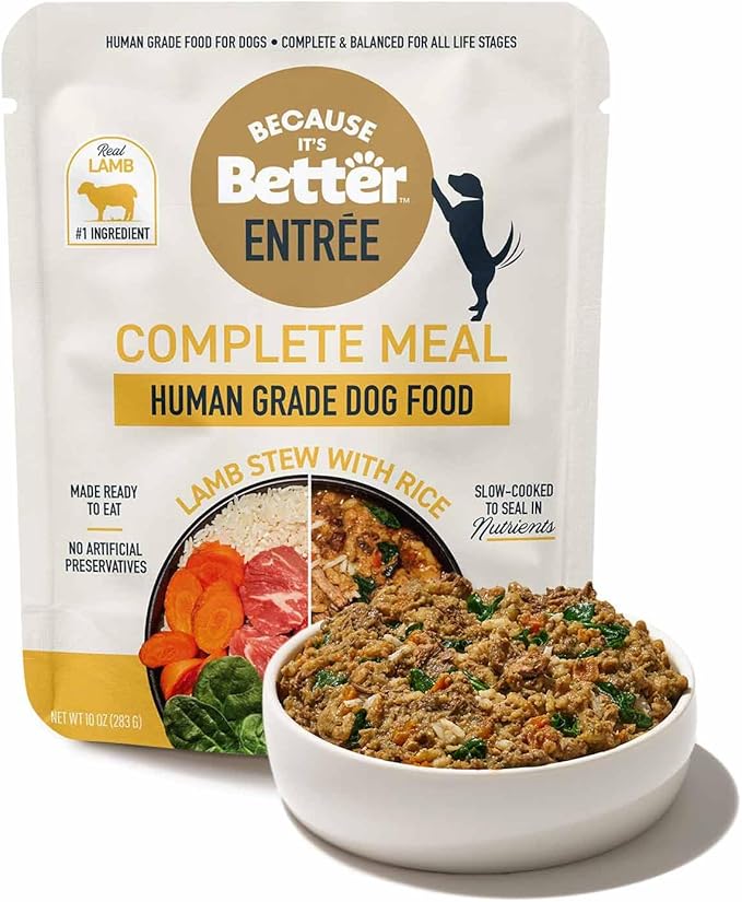 Because It's Better Entrée Complete Meal, Lamb Stew with Rice, Human Grade Wet Dog Food, 10 oz Pouches, 6 Count