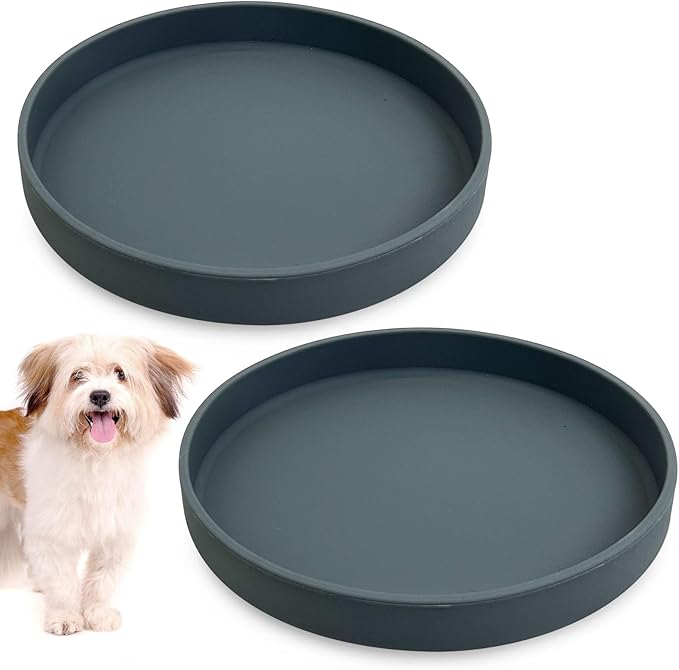 Silicone Dog Bowl Shallow Cat Food Bowls 7in Flat Puppy Plates Cute Whisker Fatigue Pet Feeding Dishes Set of 2 for Dry and Wet Food Indoor (Round Dark Grey)
