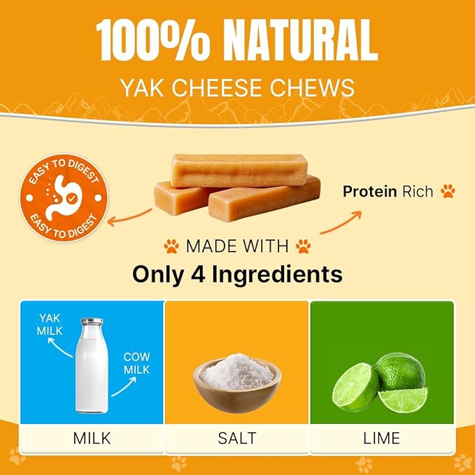 Tibetan Dog Chew Yak Cheese Sticks (8 Large Chews) - Natural Handmade Treats for Large Dogs, Long-Lasting, Easy to Digest with No Additives, Rawhide, Grains or Gluten, Perfect for Aggressive Chewers