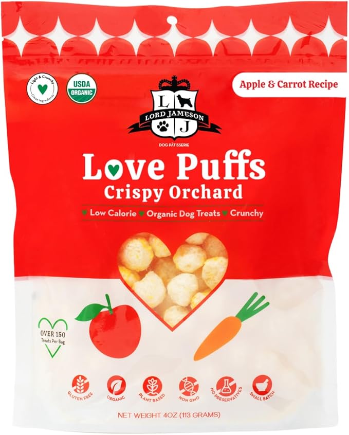 Lord Jameson Crispy Orchard Light & Crunchy Love Puffs - Apple & Carrot Dog Treats, Low-Calorie, Low-Sugar, Gluten & Preservative-Free, USDA Certified Organic - Made In USA 4 oz