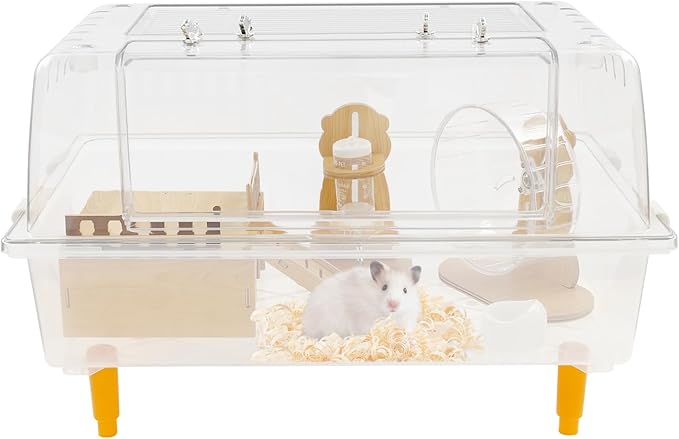 Hamster Cage Clear Luxurious Mice and Rat Habitat with Exercise Wheel, Dual Door Design, 3.54" H Leg Stand, Small Animal Cage for Hamsters, Guinea Pigs, Hedgehogs 23.6" Lx14.5 Wx12.6 H