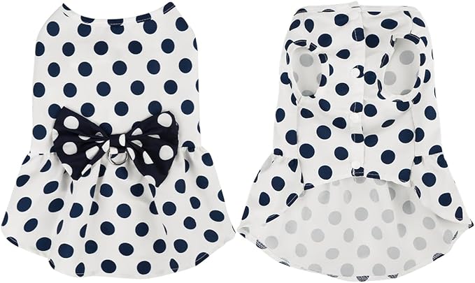 Cute Polka Dots Cat Small Dog Dress with Bow Tie Summer Clothes with D-Ring on The Back for Puppy Cat(White with Navy Dots, Small)