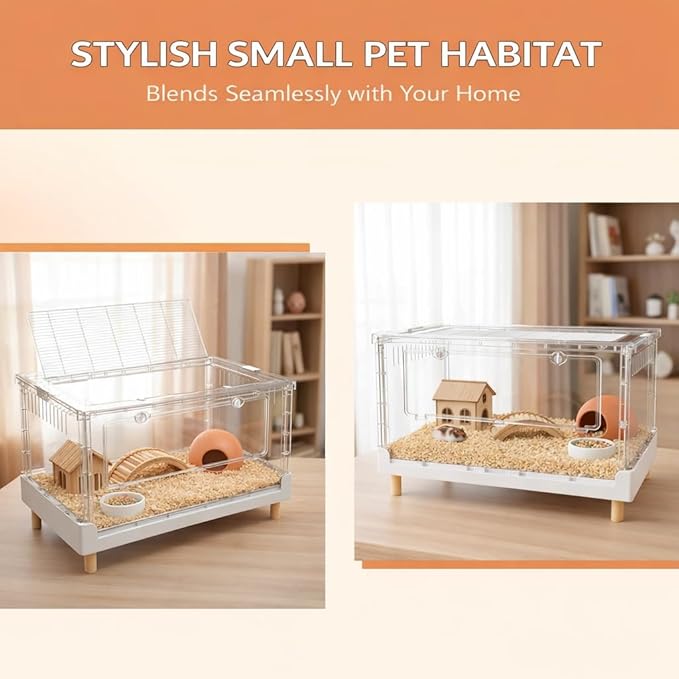 Extra Tall Foldable Clear Hamster Cage with Front Door, Deep Base Habitat for Thick Bedding & Burrowing, Easy Clean Wire Mesh Top Ventilation, Escape Proof Enclosure, 27.5x17x16 in