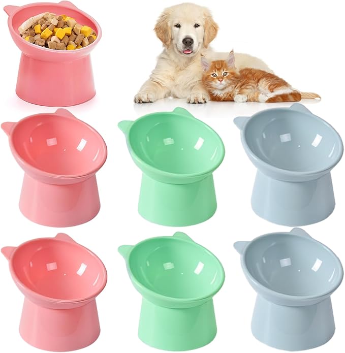 6 Pack Raised Cat Bowls for Indoor Cats, Plastic Elevated Cat Bowls Dishes, 15 Degrees Tilted Cat Food Bowls, Anti-Vomiting and Whisker Friendly, 3 Colors