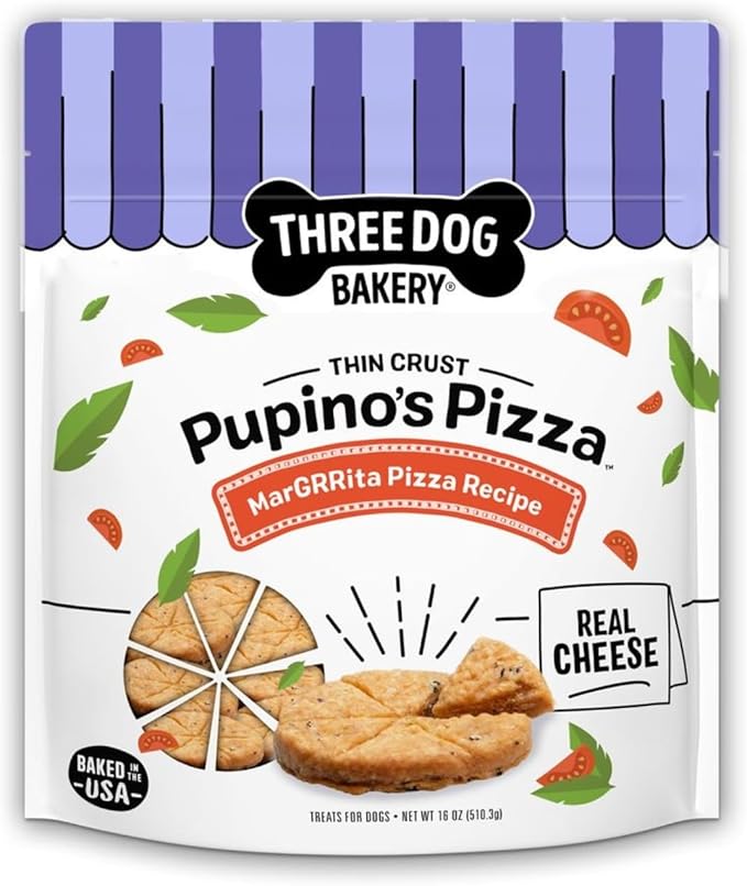 Three Dog Bakery Pupino’s Pizza Cookies for Dogs, Dog Treats with Real Ingredients, 16 oz