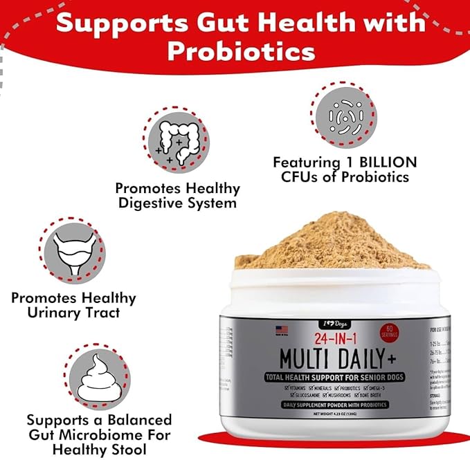 iHeartDogs 24-in-1 Senior Multivitamin Daily+ Total Health Support Powder with Probiotics, Omega-3, Glucosamine, Mushrooms & Bone Broth- 60 Servings