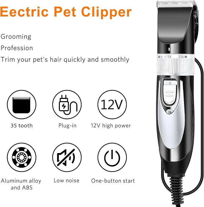 Mudder Electric Goat Clipper 12v High Power Dog Shaver Clipper for Grooming Low Noise Plug Pet Trimmer with 4 Guide Comb 1 Replacement Cutter Head 1 Cleaning Brush(Black)