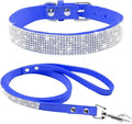 Cute Dazzling Sparkling Elegant Fancy Soft Suede Leather Bling Rhinestone Crystal Jeweled Pet Cat Dog Puppy Collar Dog Leash Combo Set (M, Dark Blue), Medium