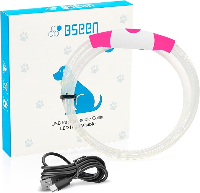 BSEEN Light Up Dog Collar, Type-C Rechargeable LED Dog Collar Waterproof Glowing Pet Collar TPU Cuttable Lighted Puppy Collar Safety Dog Lights for Night Walking (Pink 70cm)