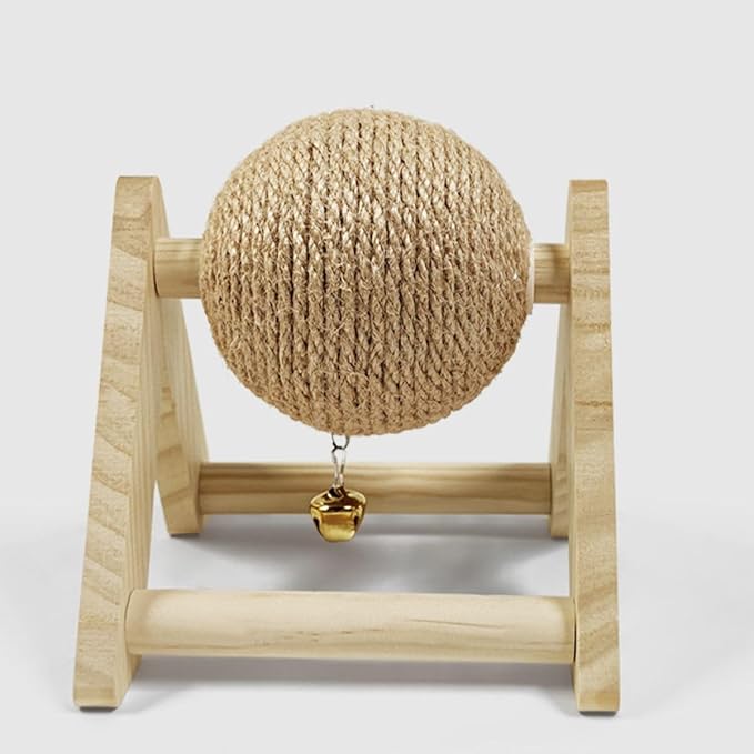 Rabbit Scratch Toy Wooden Natural Sisal Rope Rabbit Scratching Toy Ball Bunny Scratcher with Ball and Bell for Rabbits Bunnies Ferrets Kittens Small Animals (S)