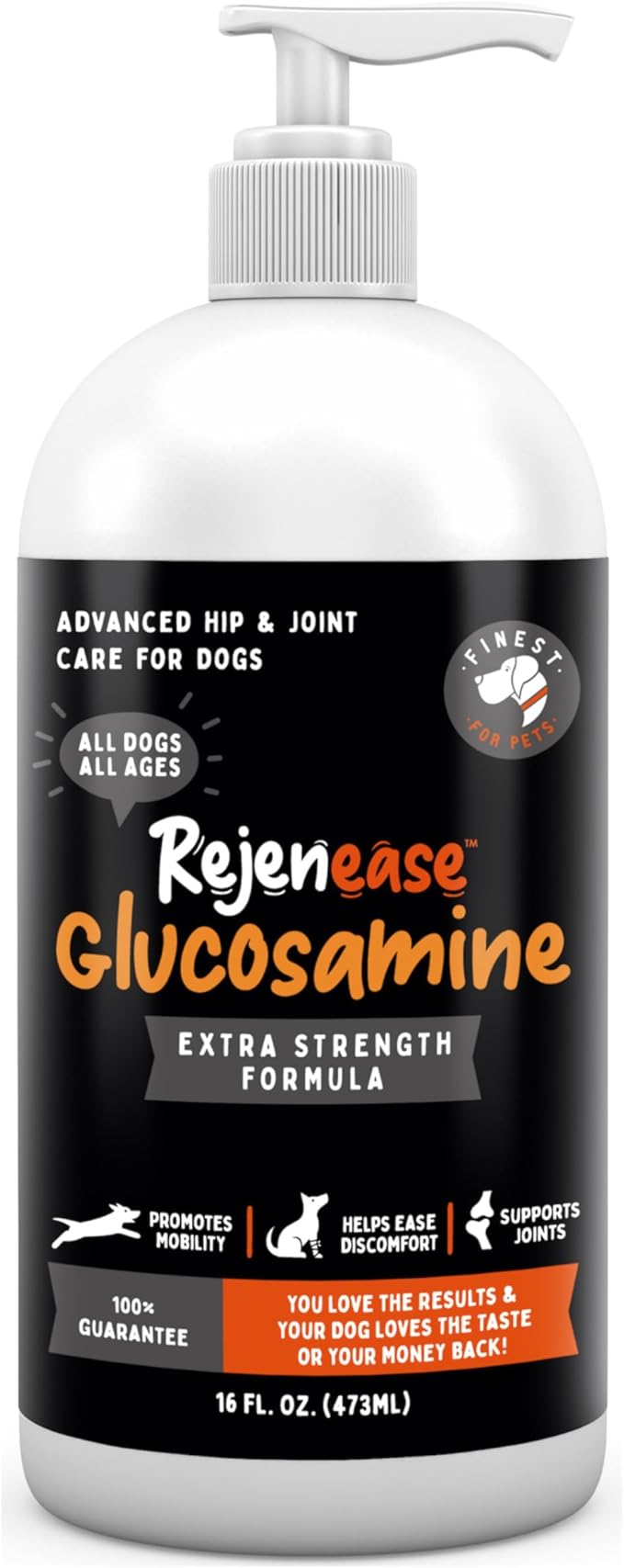 Liquid Glucosamine for Dogs with Chondroitin, MSM & Hyaluronic Acid (16oz). Hip & Joint Supplement Supports Better Mobility & Promotes New Cartilage. Eases Joint Stiffness. Rejenease, Made in USA