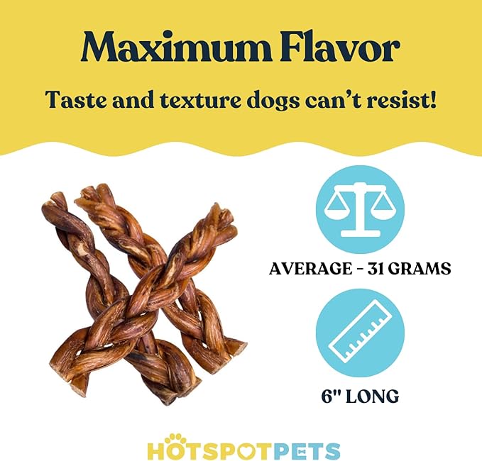 Hotspot Pets Braided Bully Sticks for Dogs - 6 Inch Dog Bones (5 Pack) All Natural Long Lasting Twisted Beef Dog Chews - Promote Natural Dental Health, Low Fat, Fully Digestible Rawhide Alternative
