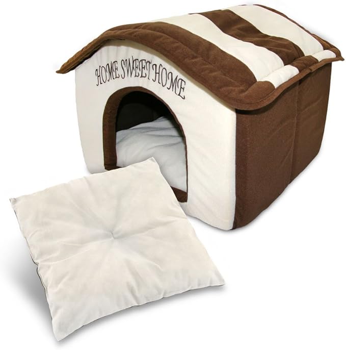 Best Pet Supplies Cat Bed for Indoor Cat, Domed Tent House with Removable Pillow, Covered Cat Cave for Small Dog, Puppies and All Breeds of Cats - Beige w/ Brown Stripes, 16 x 16 x H:14"