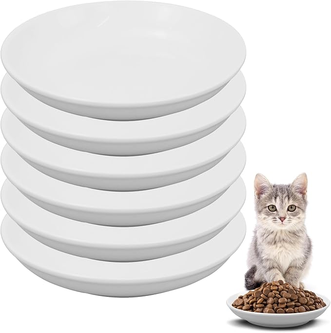 6 Pack Cat Food Bowl, Ceramic Cat Bowls, Anti Whisker Fatigue Cats Bowl Set,5.5 Inches Shallow Wide Kitten Plates for Food and Water (White-C)
