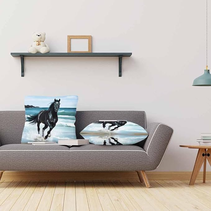 Pillowcase Freedom Black Arabian Horse Through Splashes of Water Seaside Set of 2 Square,Throw Pillow Covers Decorative for Couch and Bed for Boy Girl 18X18 Inches