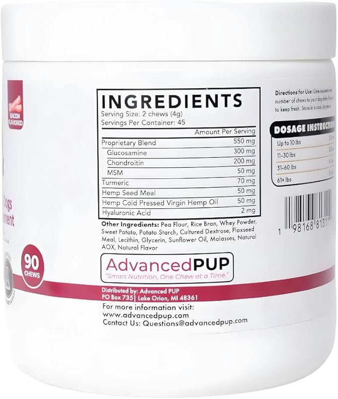 AdvancedPUP Dog Hip and Joint Supplement Chews – Glucosamine, Chondroitin, MSM & Turmeric – Mobility & Joint Support for Dogs – Bacon Flavor Soft Chews – 90 Count – Made in USA