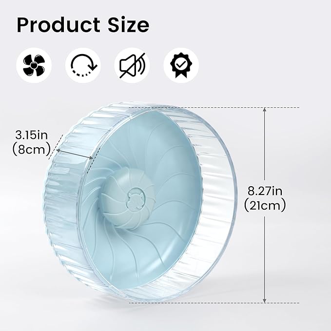 Silent Hamster Wheel, 8in Hamster Wheel No Stand, Double-Bearing Quiet Spinner for Syrian Hamsters, Hedgehogs, Mice & Small Pets, Blue