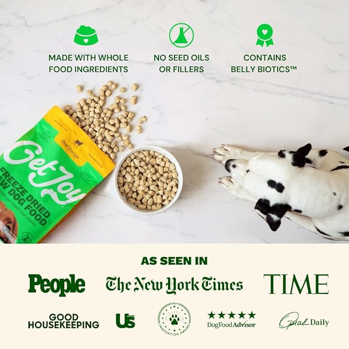Get Joy Freeze Dried Raw Beef Meal, High Protein Grain Free, Dry Dog Food Meal Mixer and Topper, with Probiotics for Gut Health, Made with 100% USDA Organ Meat, for All Breeds and Ages, 16oz Bag