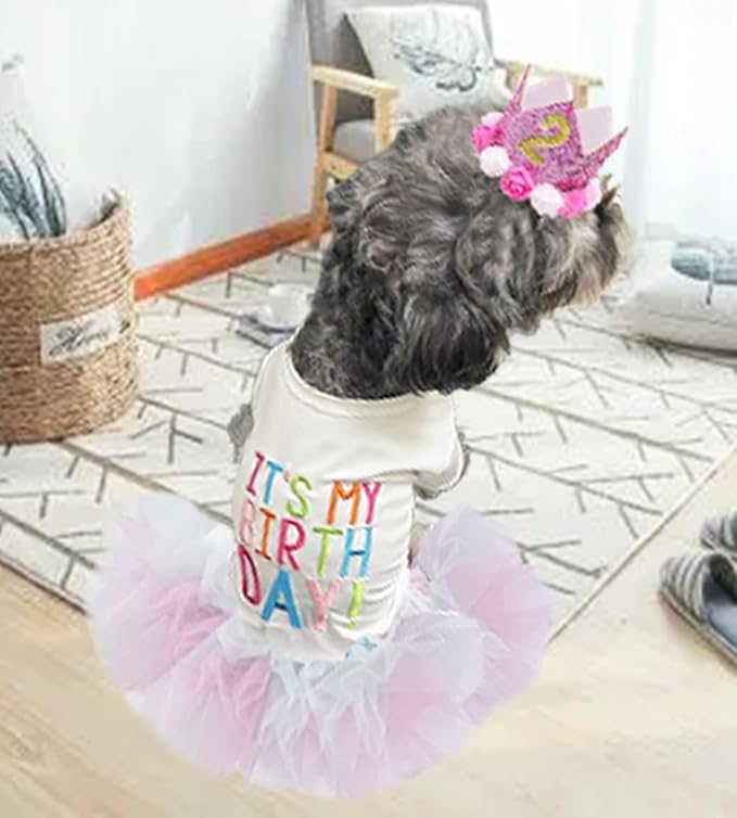 ANIAC Dog Birthday Dress and Hat Set Puppy Lace Tutu Pink Pet Crown Hat with 0-9 Figures Birthday Outfit for Cats Small Dog (White+Pink,Medium)