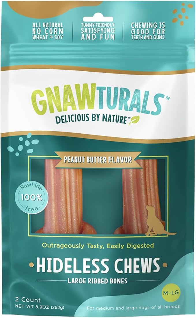 Rawhide Free Dog Chews | Ribbed Bones | for Large - Extra Large Dogs | Pumpkin, Psyllium Husk and Chicory Root for Easy Digestion and Overall Gut Health (2 Bones, Peanut Butter)