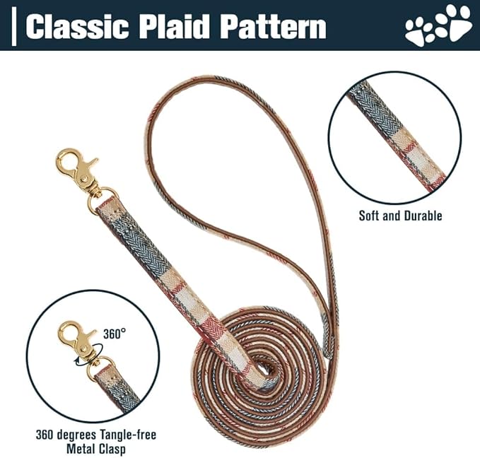 EXPAWLORER Puppy Collar and Leash Set - Embroidered Pawprints Plaid With Bow Tie, Bandana, and Bell for Dogs Cats Outdoor Walking, Khaki XS