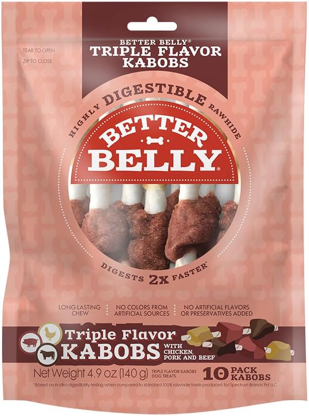 Better Belly Triple Flavor Kabobs, 10 kabobs, Long-Lasting Dog Chews with Chicken, Pork and Beef