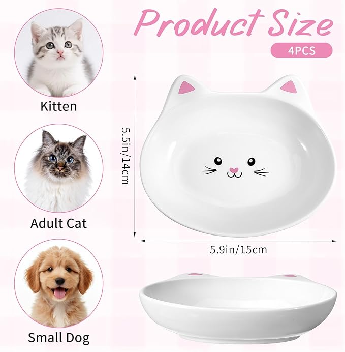 4 Pack Ceramic Cat Food Bowls, 5.9 Inch Whisker Fatigue Cat Bowl Wide Cats Food Bowls Set with Cute Pattern, Whisker Friendly, Microwave and Dishwasher Safe Indoor Feeding Dishes for Small Pets