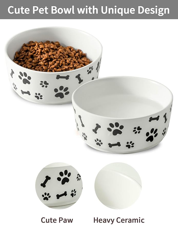 UBEE Ceramic Dog Bowl Set of 2, 6.5 inch Dog Food Bowl Dish with Bone Paw Pattern, Pet Food Water Dish Feeding for Small and Meidum Dogs and Large Cat, White