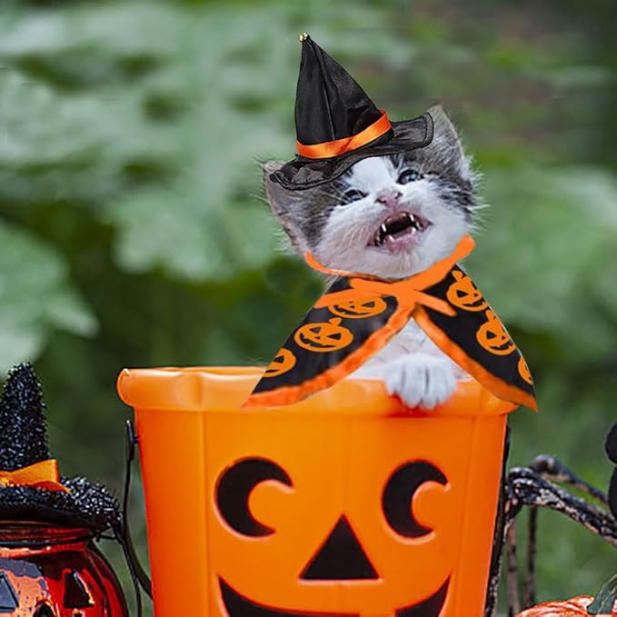 Halloween Cat Costume Cloak Witch Hat Pet Accessories Halloween Adjustable Pumpkin Pet Costumes Clothes Set, Halloween pet Costume Decor Cloak for Cats Dogs Puppy Halloween Carnival Party Supplies