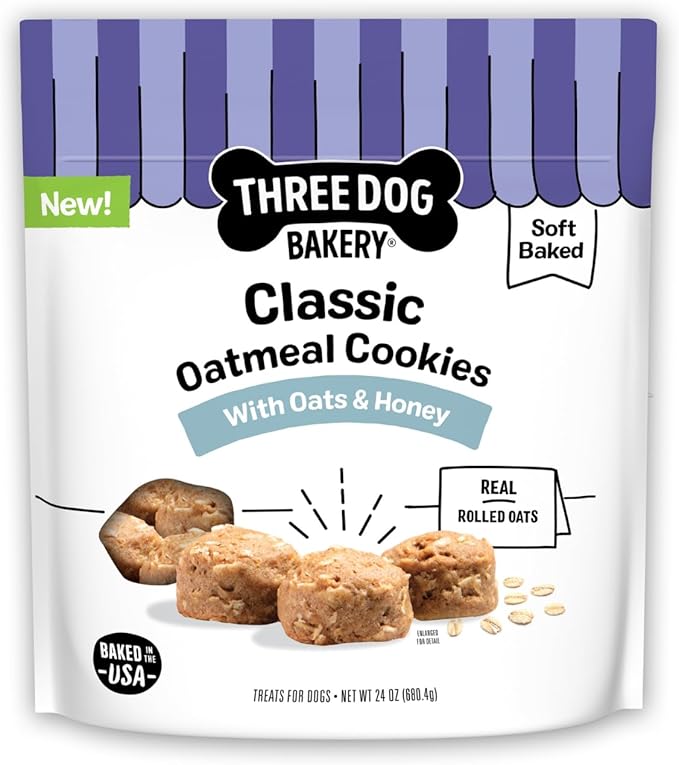 Three Dog Bakery Classic Oatmeal Cookies for Dogs, Baked Puppy Treats with Real Oats, 24 oz