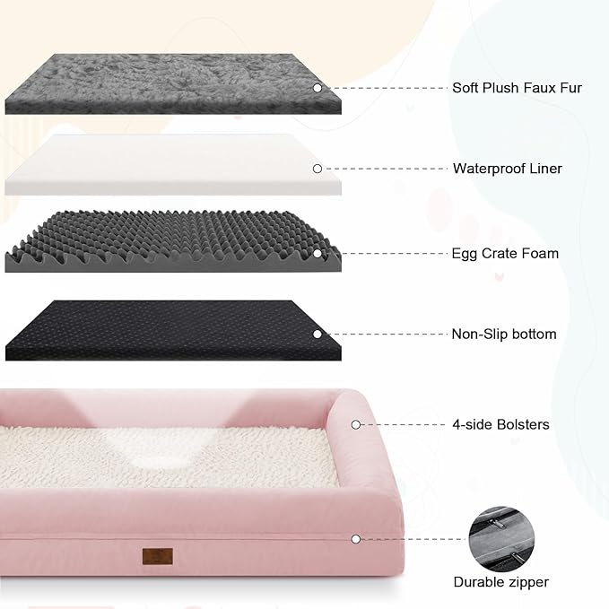 Jumbo Dog Bed for Extra Large Dogs, Washable Orthopedic Dog Bed with 4-Sides Removable Bolster, Waterproof Non-Slip Egg-Crate Foam Pet Couch Sofa, Pink