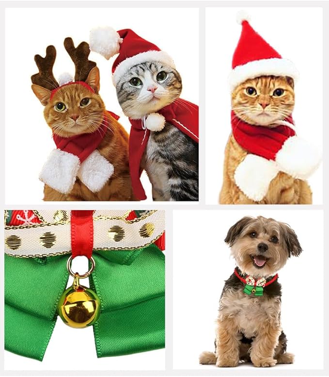 3 Pack Christmas Cat Costume Accessories, Santa Hat, Bow Tie, Scarf, Christmas Costumes for Cat, Adjustable Xmas Outfit Set,Santa Hat Puppy,Small Dogs Claus Hat