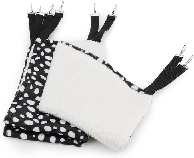 Wontee 2 Pack Small Animal Hammock Soft Fleece Sleeping Bed for Mice Rat Chinchilla Guinea Pig Ferret Kitten Cat Rabbit (M: 13.76x13.76inch, Black White Dot)