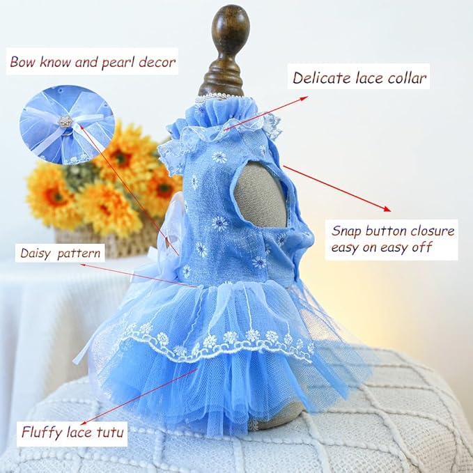 ANIAC Daisy Small Dog Dresses Female with Leash Ring,Bow Knot Girl Puppy Wedding Dress,Valentine's Cat Outfit,Fancy Pet Party Dress for Kitten Chihuahua Yorkie Pomeranian (Blue, Medium)