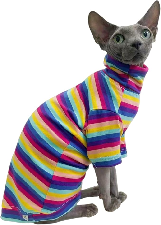 Vintage Stripes Sphynx Hairless Cats Shirt Cotton Cat Turtleneck Pet Clothes Kitten T-Shirts with Sleeves for Sphynx Cornish Rex, Devon Rex, Peterbald (Rainbow Stripe, Large (Pack of 1))