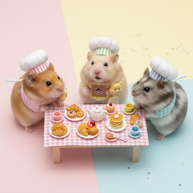 4 Pcs Hamster Chef Hat and Bib Set - Cute Small Animal Chef Costume Accessories for Hamsters Guinea Pigs, Mini Pet Chef Hats with Gingham Bibs for Dress Up & Photo Props
