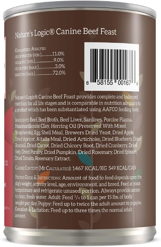 NATURE'S LOGIC Grain-Free Canned Dog Food - 95% Animal Proteins - 100% Natural Wet Dog Food Cans - No Common Allergens - All Life Stages - Ideal for Sensitive Dogs - Beef (13.2 oz, 12 Pack)