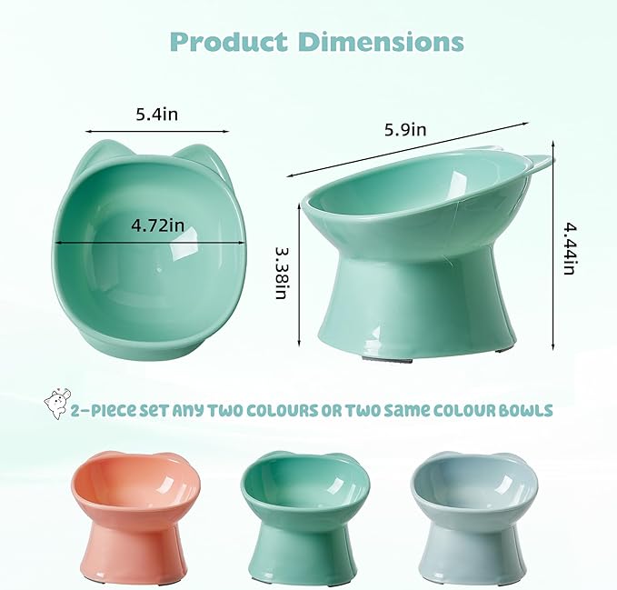 KSIA Klear Elevated Cat Bowls 2 Pack, Tilted Raised Cat Bowl for Food and Water, 4.72" Wide, Whisker Friendly Anti Vomit for Indoor Cats, Microwave and Dishwasher Safe, Green