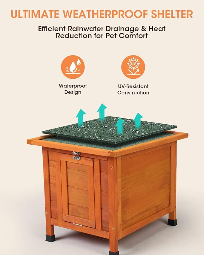 SANDINRAYLI Outdoor Cat House Weatherproof, Wooden Rabbit Hutch Bunny Cage Chicken Coops Shelter with Elevated Floor for Feral Cat/Bunny/Guinea Pig/Duck, Orange