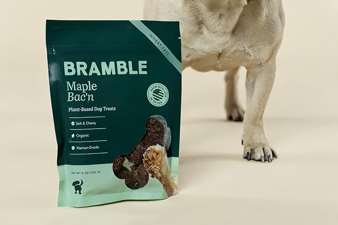 BRAMBLE Vegan Dog Treats. Plant-Based Treats for Dogs, Made with Real Ingredients, Soft & Chewy Dog Cookies. Wheat-Free. Maple Bac'n. 8 oz