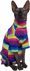 Vintage Stripes Sphynx Hairless Cats Shirt Cotton Cat Turtleneck Pet Clothes Kitten T-Shirts with Sleeves for Sphynx Cornish Rex, Devon Rex, Peterbald (Rainbow Stripe, X-Small (Pack of 1))